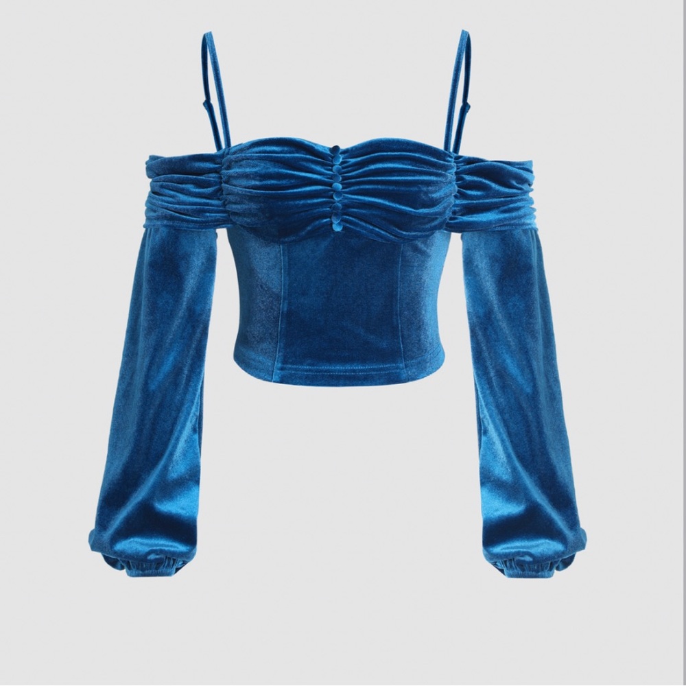 Cider Blue Velvet Off-Shoulder Blouse
